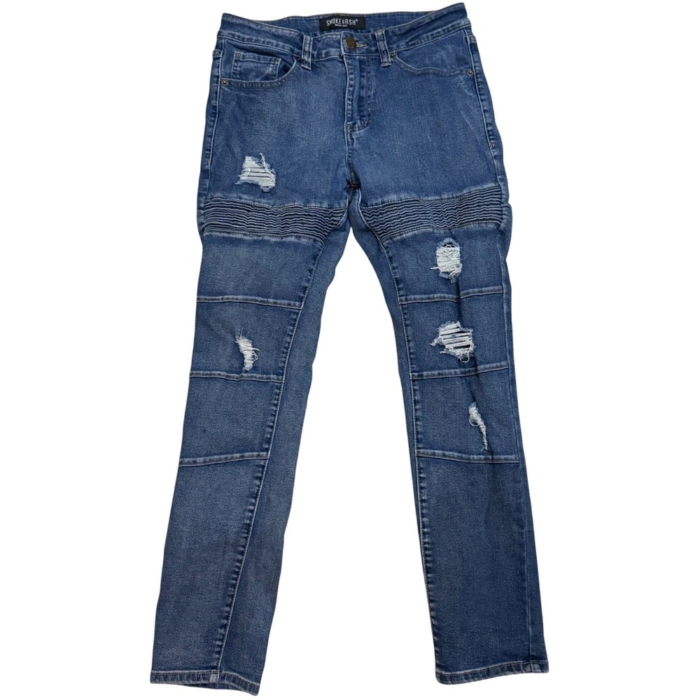 Smoke & Ash Moto Distressed Ripped Biker Slim Fit Denim Jeans Men's 30x30